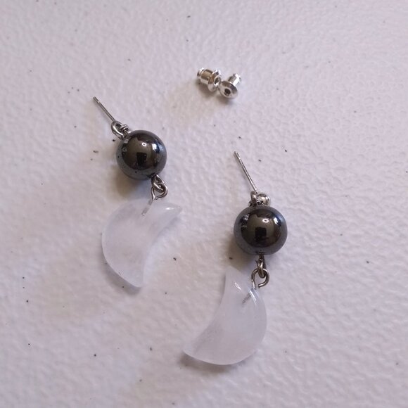 Emotional Balance: Handmade Quartz Moon & Hematite Dangle Earrings - Picture 5 of 10